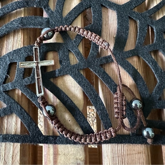 Cross Bracelet Crystals Brown String Adjustable Religious Jesus Christian - Picture 7 of 9